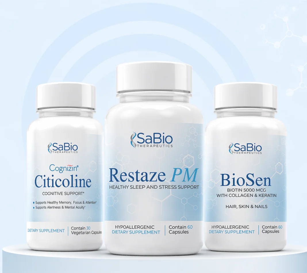 SaBio Therapeutics Citicoline, Restaze PM, and BioSen supplement bottles
