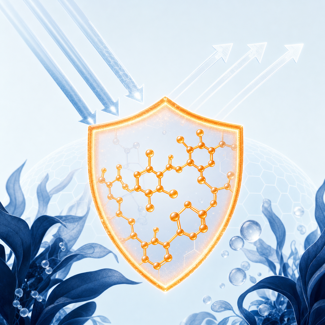Illustration of UV rays and antioxidant shield around skin