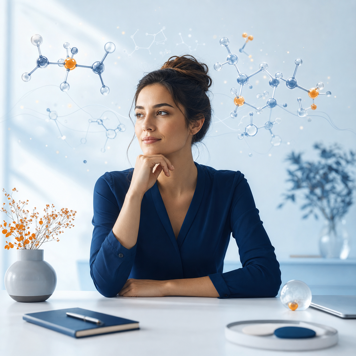 Focused professional at desk with molecule diagrams